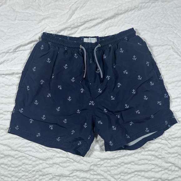 Primark Navy Blue Anchor Print Swim Trunks w/ Lining & Drawstrings Men’s S - Picture 1 of 10